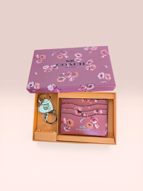 Coach Boxed Card Case and Valet Keyring Gift Set in Floral Poppy NIB - Picture 6 of 6